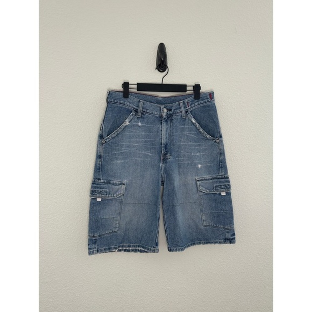Guess Cargo Shorts Mens 32‎ Blue Denim Distressed Vintage Utility Y2K